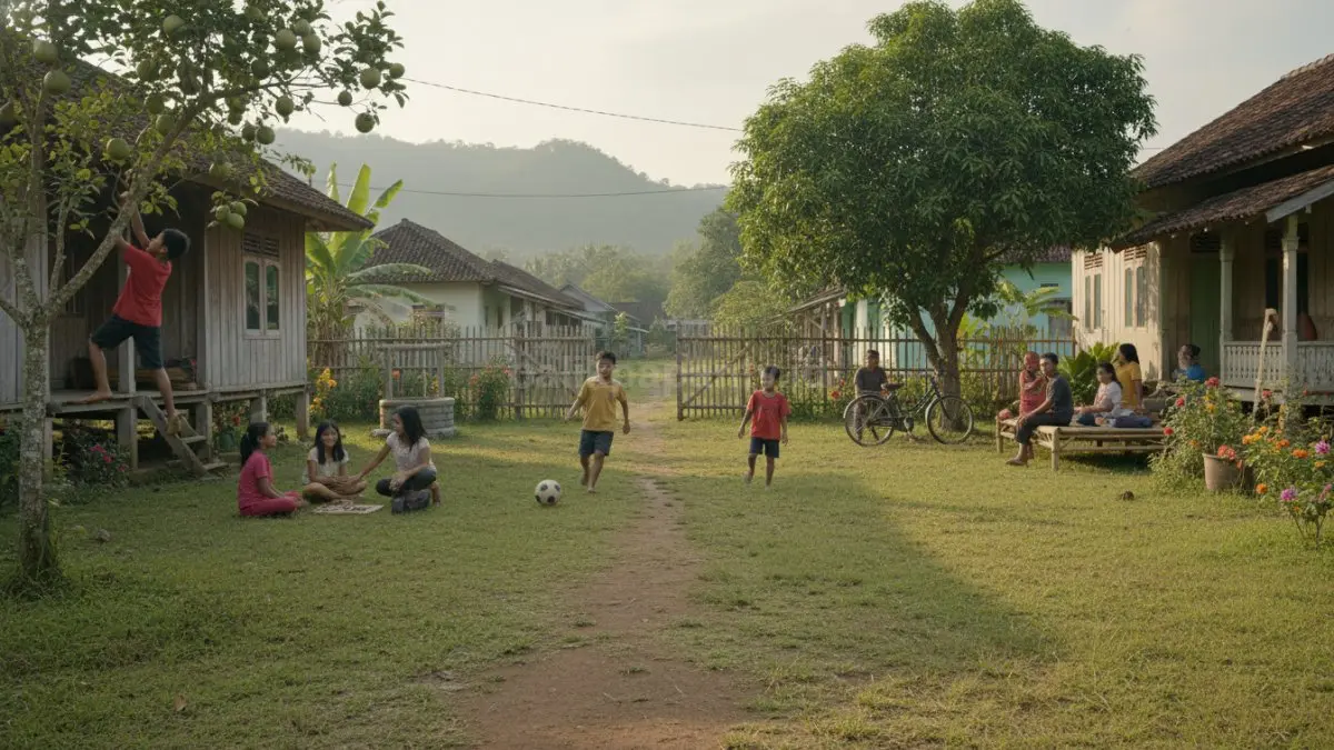Halaman rumah kampung yang terbuka dengan anak-anak bermain bersama secara bebas, terlihat interaksi sosial, ruang luas, dan suasana alami dengan pepohonan serta udara segar.