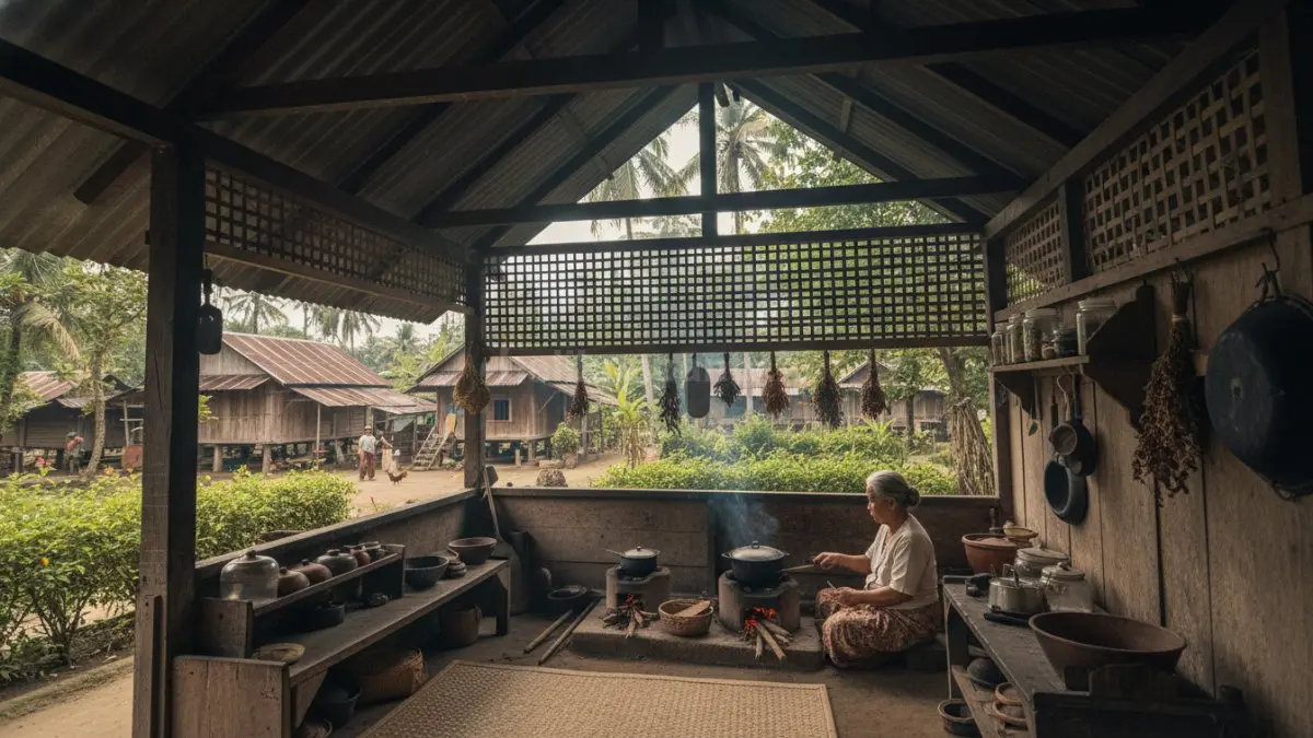 Ilustrasi dapur berada di area terpisah dari rumah utama, dengan konsep semi terbuka, atap tinggi, dan sirkulasi udara lancar sehingga asap dan panas langsung keluar.