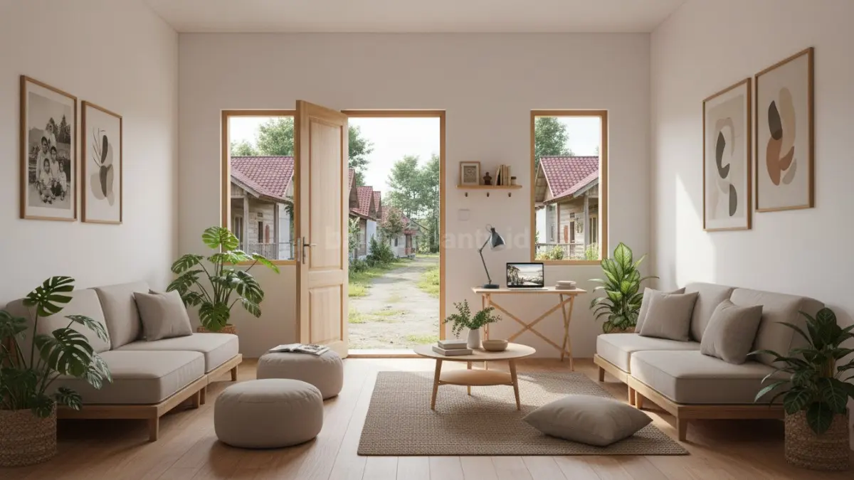 Ilustrasi ruang dalam rumah dengan furnitur ringan dan modular yang bisa dipindah, digunakan sebagai ruang kerja, ruang santai, atau area kumpul keluarga sesuai aktivitas.