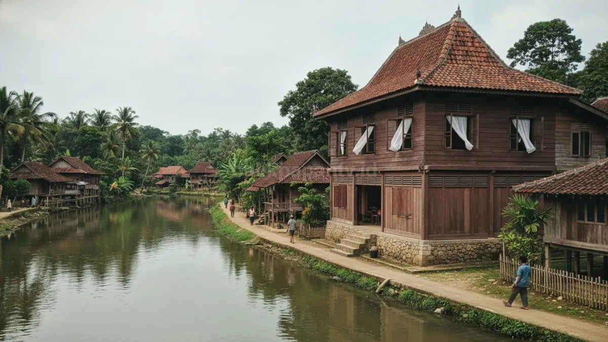 Ilustrasi rumah dengan jendela lebar yang saling berhadapan, tirai terbuka, dan udara mengalir masuk, menciptakan ruangan sejuk tanpa bantuan AC.