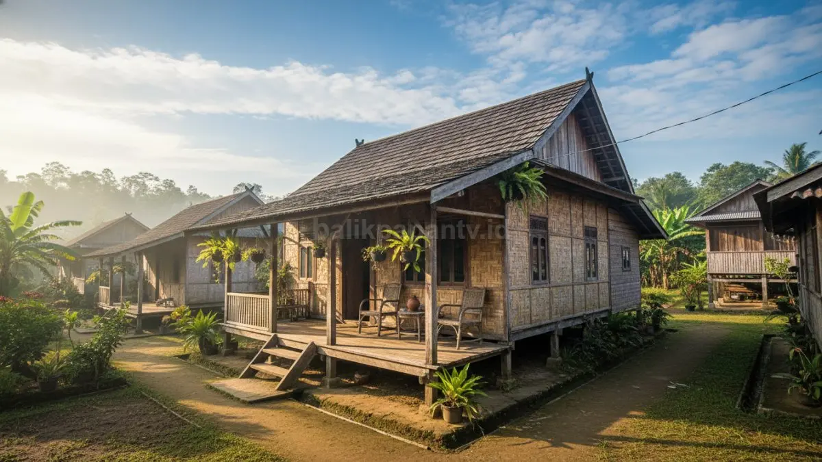 Ilustrasi rumah dengan rangka kayu ulin khas Kalimantan dan elemen bambu pada dinding atau dekorasi, menunjukkan kekuatan material alami yang awet dan ramah lingkungan.