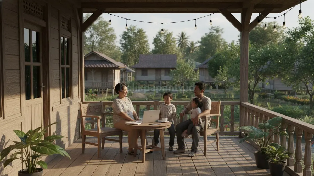 Ilustrasi teras rumah desa dengan kursi kayu, meja kecil, tanaman pot, digunakan untuk kerja santai dengan laptop sekaligus tempat kumpul keluarga di sore hari.