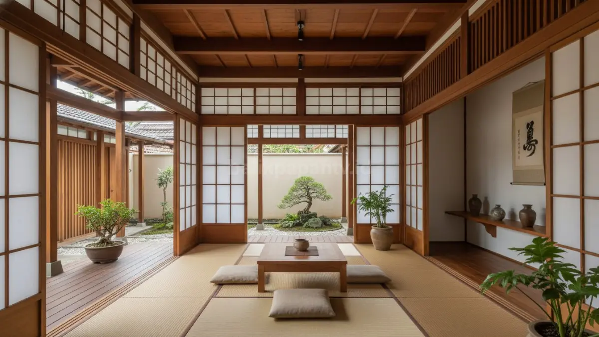 Interior rumah Jepang dengan elemen kayu dan tata ruang sederhana