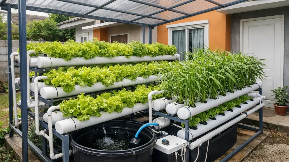 Kebun hidroponik sirkulasi tertutup di halaman rumah minimalis.