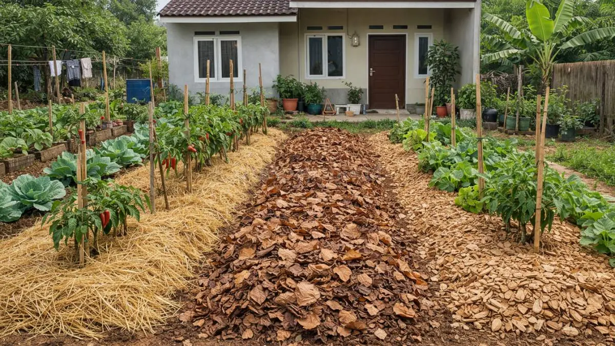 Kebun mulsa organik di halaman rumah minimalis. 