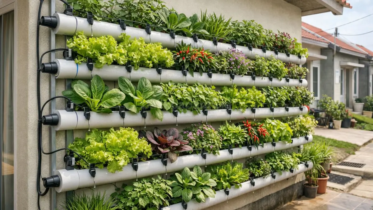 Kebun vertikal hemat air di dinding rumah minimalis.