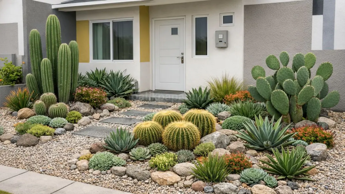 Kebun Xeriscape di halaman rumah minimalis.