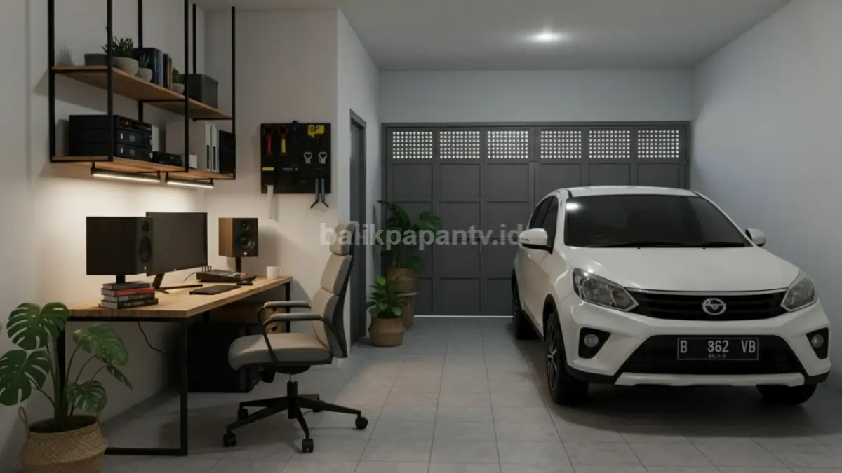 Meja kerja atau studio mini diletakkan di satu sisi garasi, dengan rak gantung untuk menyimpan peralatan. Lampu LED hemat energi memberi pencahayaan optimal tanpa mengganggu area parkir.
