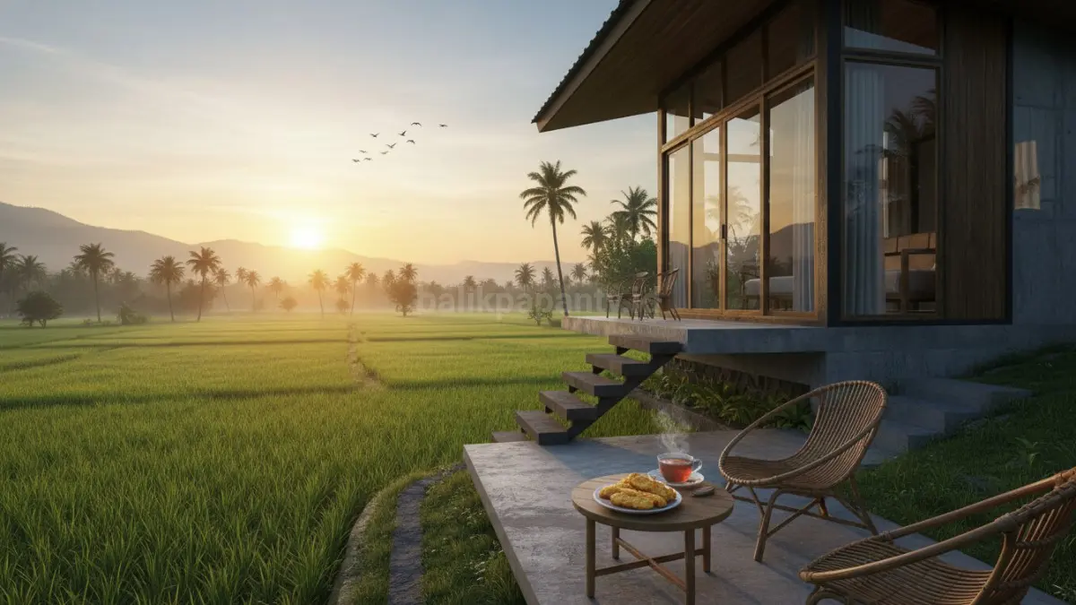 Model rumah terbuka dengan teras menghadap hamparan sawah