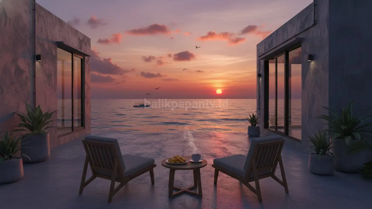 Panorama sunset dari teras rumah pantai dengan desain terbuka