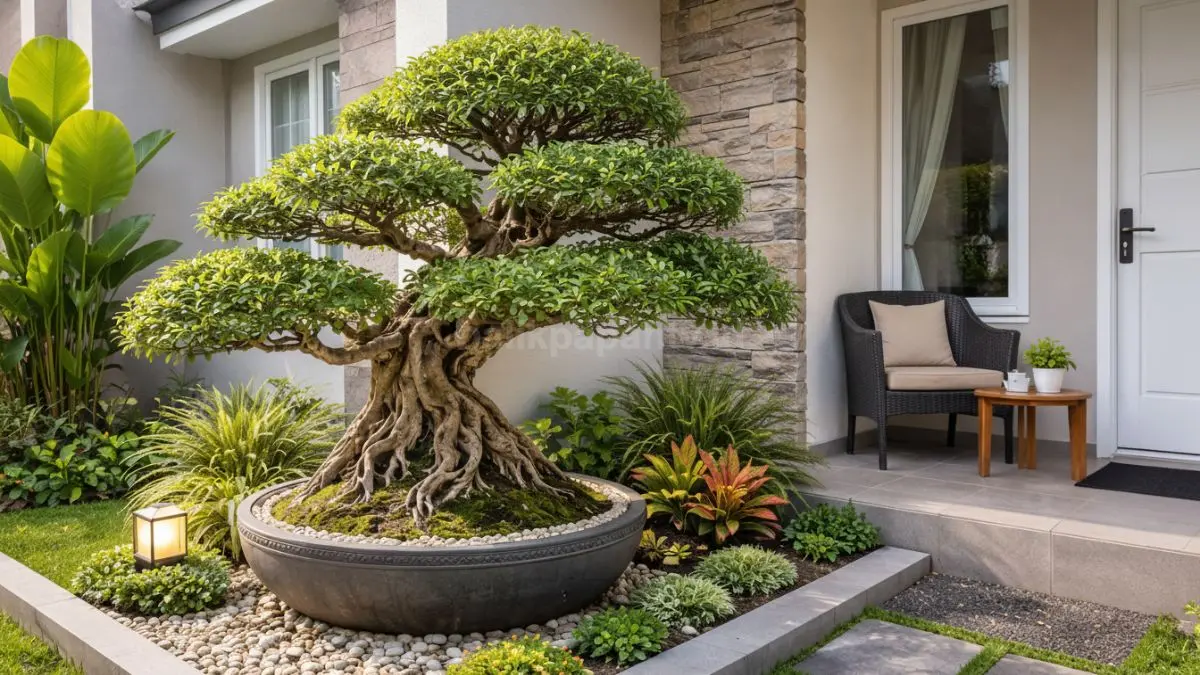 Pohon Bonsai Beringin di sudut halaman rumah minimalis.