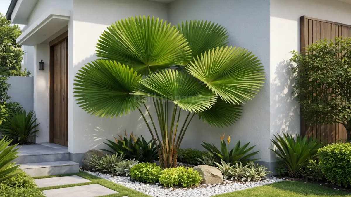 Pohon Palem Kipas di sudut halaman rumah minimalis.
