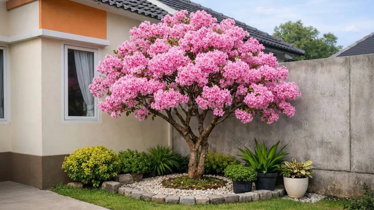 Pohon Tabebuya Mini di sudut halaman rumah minimalis.
