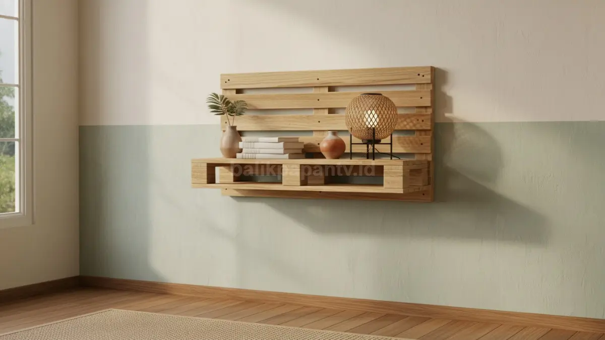 Rak kayu berwarna natural, menempel di dinding ruang tamu. Di atas rak terlihat buku, vas kecil, dan lampu hias minimalis. Rak terbuat dari palet kayu bekas yang diamplas rapi, terlihat serat kayunya jelas.