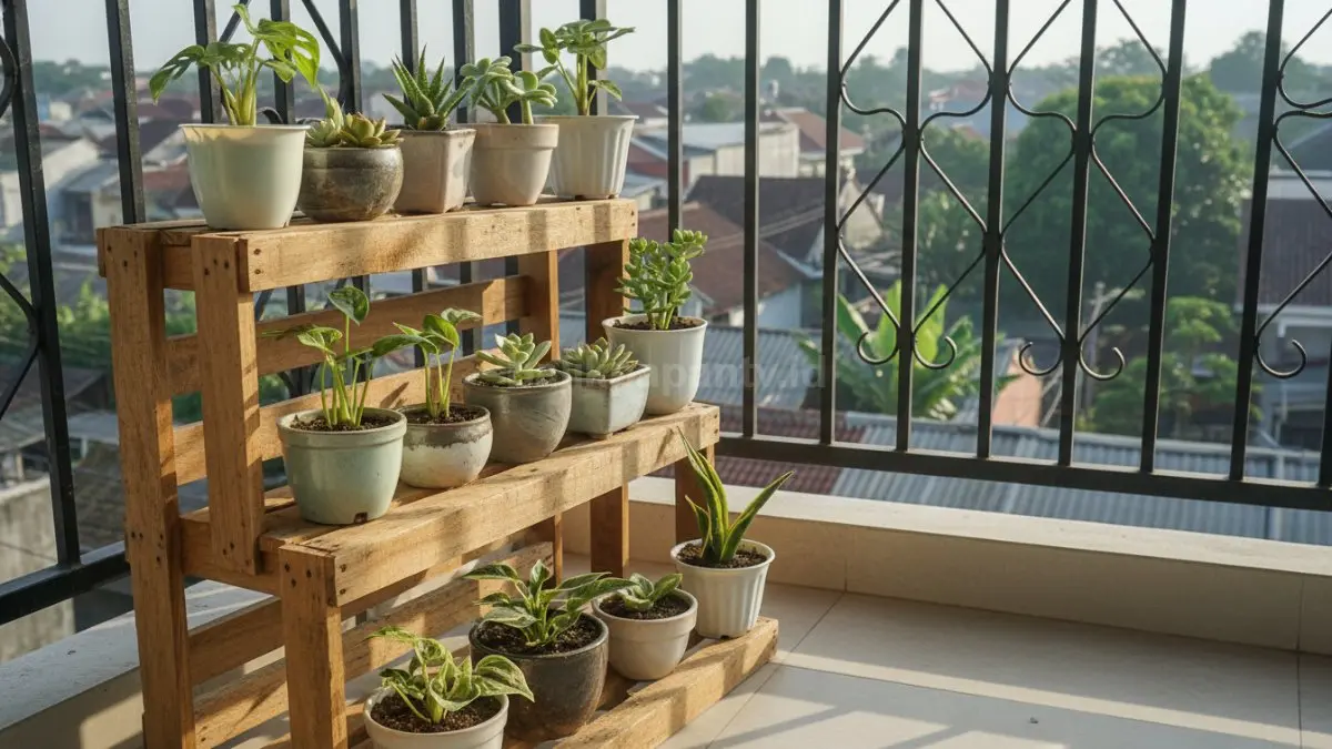 Rak tanaman tiga tingkat dari kayu palet bekas, diisi pot kecil berisi tanaman hias dan sukulen. Rak berada di balkon rumah, cahaya matahari menambah kesan segar. Kayu terlihat alami dan seratnya menonjol, finishing tipis.