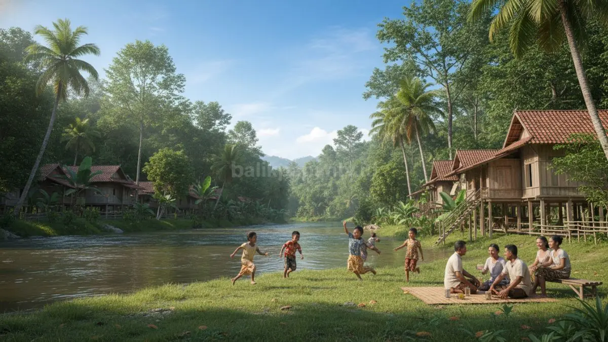 Ruang hijau di tepian sungai dipenuhi anak-anak bermain, sementara tetangga duduk bersantai dan bercengkerama, menghadirkan suasana komunitas yang hangat dan harmonis