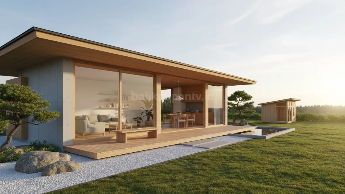 Ruangan tanpa sekat dengan furniture minimalis dan warna netral