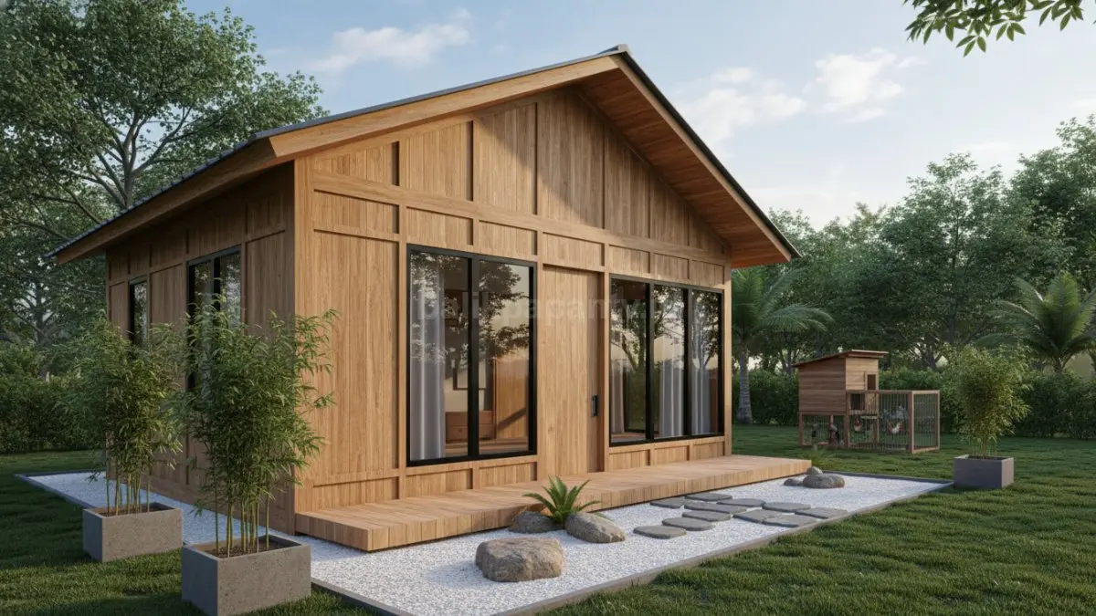 Rumah dengan desain kayu natural, jendela besar, dan tampilan sederhana khas Jepang