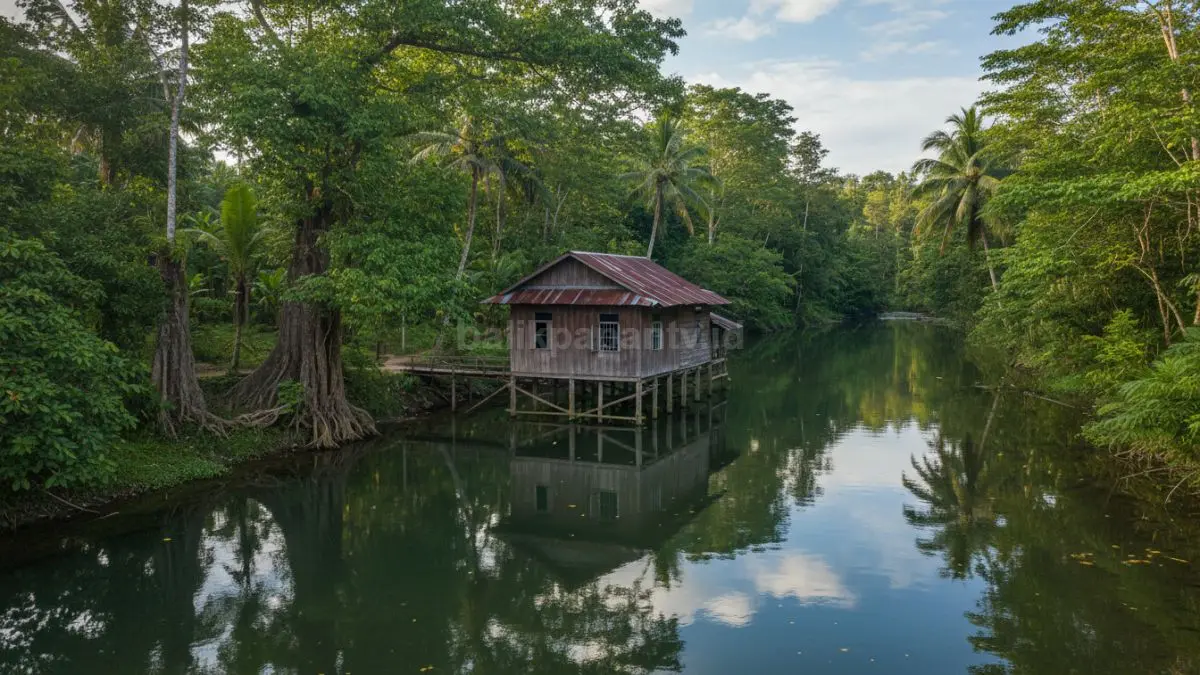 Rumah kayu sederhana di tepi sungai, dikelilingi pepohonan hijau, menenangkan hati seperti pelukan alam.