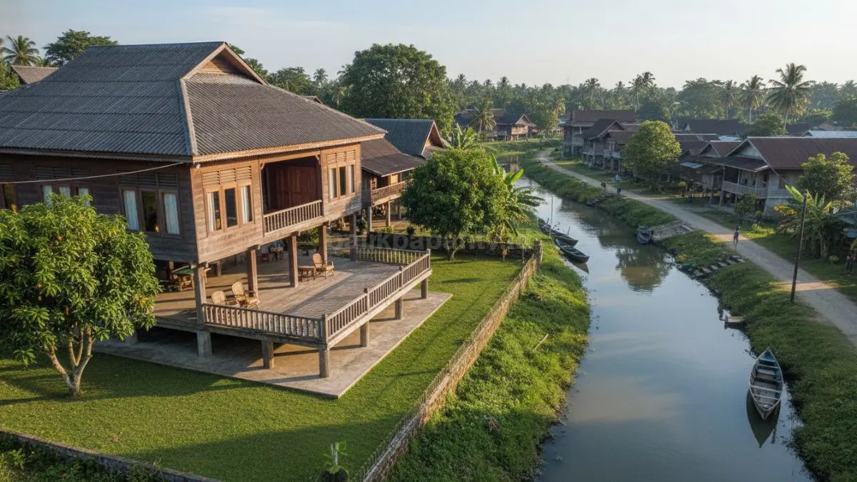 Rumah kayu tradisional dengan teras luas, jendela besar, dan halaman hijau, menggambarkan hunian sederhana yang adem dan fungsional.