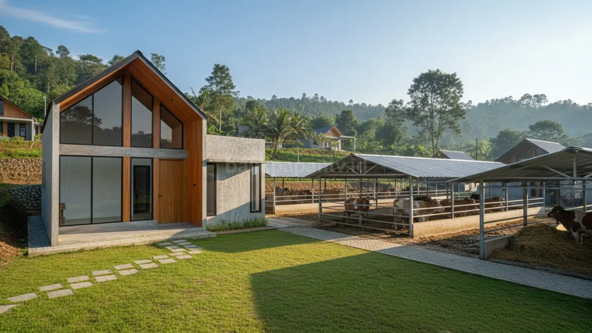 Rumah minimalis di bagian depan dengan jalur menuju kandang sapi di belakang yang terlihat bersih dan teratur
