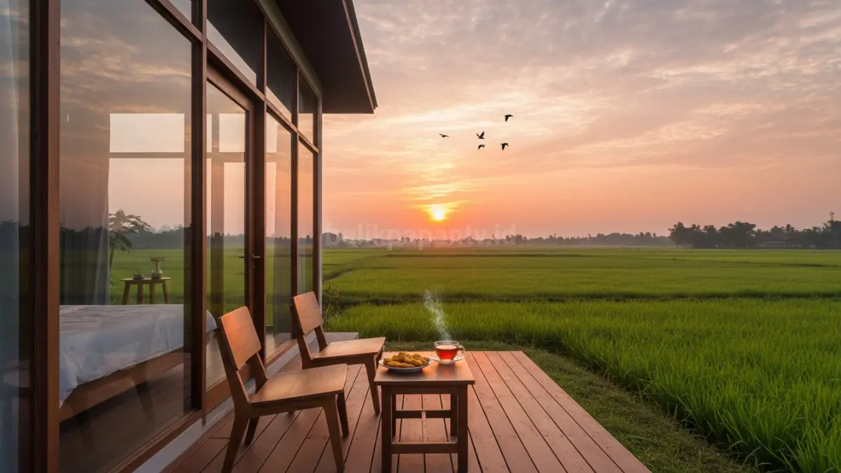Rumah minimalis modern menghadap sawah dengan view matahari terbit, desain alam terbuka dan natural