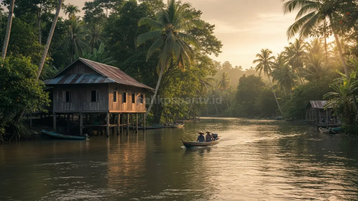 Sebuah perahu kecil melaju di sungai lebar, menjadi jalur transportasi utama warga untuk menghubungkan desa-desa di sekitarnya.