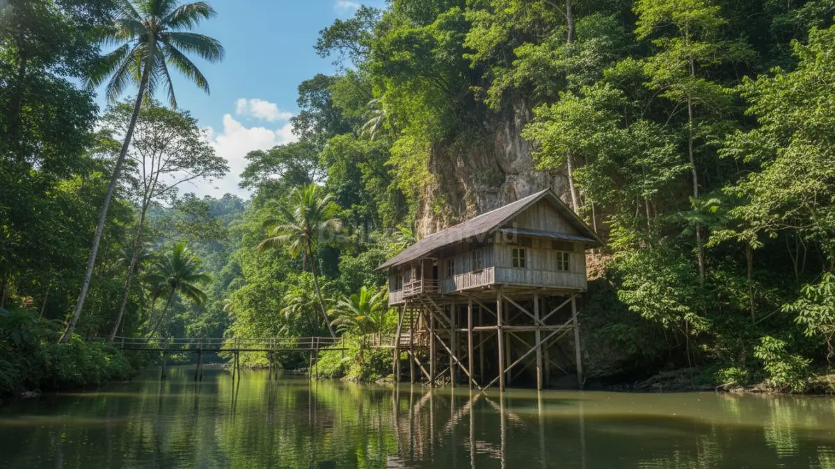 Sebuah rumah di tepi bukit dengan aliran udara segar yang menyejukkan, dikelilingi pepohonan hijau dan langit cerah, menghadirkan pemandangan natural yang menenangkan jiwa.