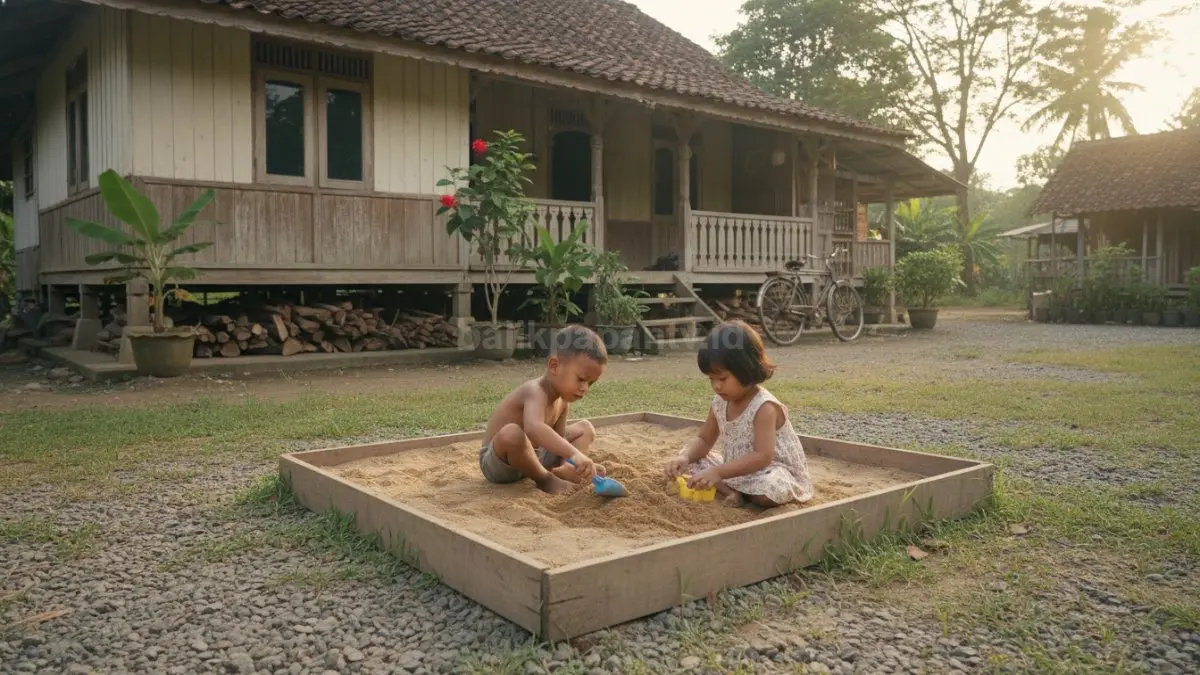 Sudut halaman rumah dengan kotak pasir sederhana, anak bermain menggali dan membentuk pasir menggunakan alat kecil.