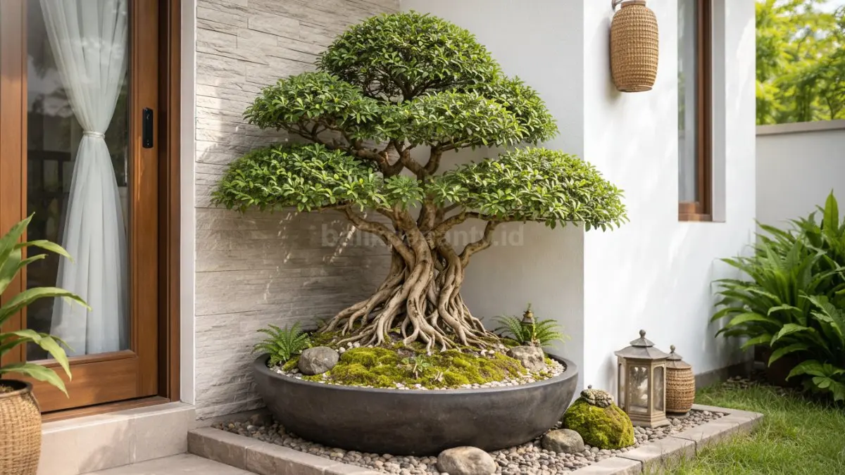 Sudut halaman rumah minimalis dengan pohon bonsai beringin dan dekorasi taman kecil yang estetik.