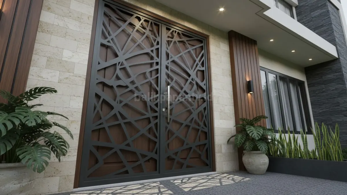 Tampilan teralis pintu minimalis modern warna hitam yang menyatu dengan fasad rumah