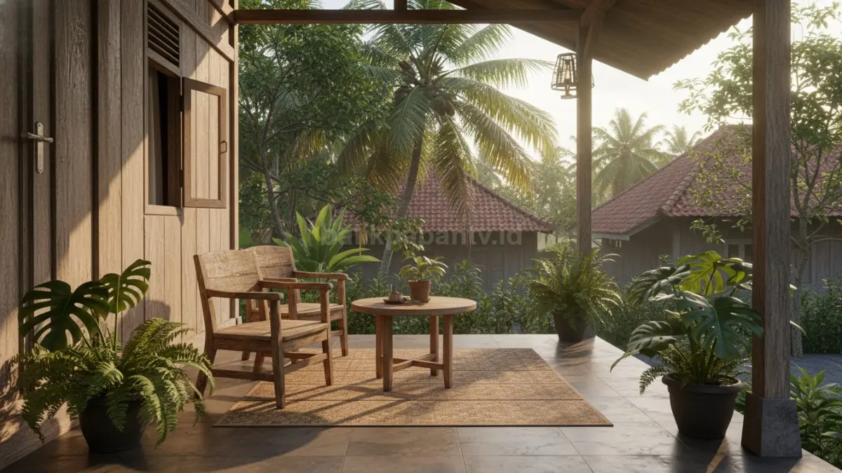 teras rumah kampung dengan kursi kayu sederhana, tanaman hijau di samping, dan suasana santai sore hari yang terasa adem.