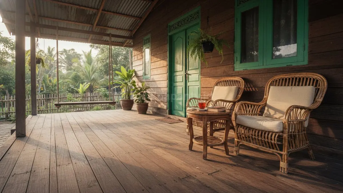 Teras rumah kampung dengan lantai kayu, kursi rotan santai, meja kecil, dan suasana hangat sore hari dengan pencahayaan alami.