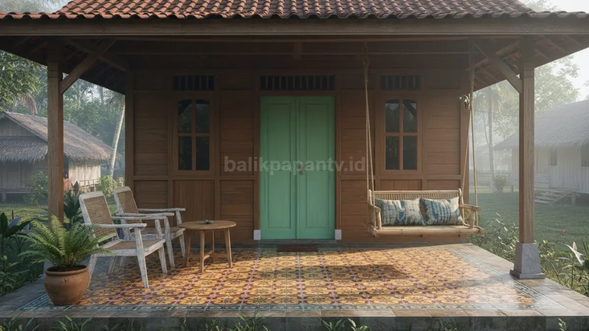 Teras rumah kampung dengan lantai tegel bermotif jadul, warna kontras, dipadukan kursi sederhana yang tetap estetik.