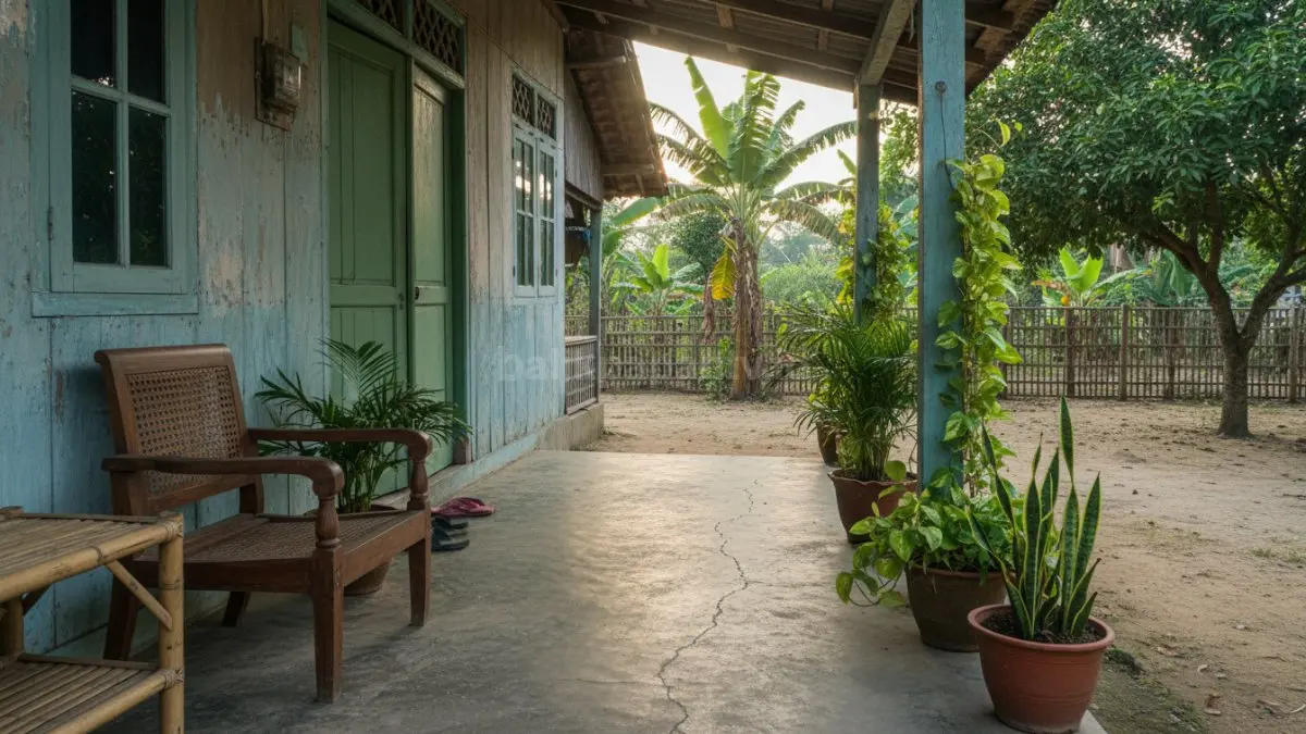 Teras sederhana dengan beberapa pot tanaman hijau seperti sirih gading dan palem kecil di sudut, memberi kesan segar dan adem.