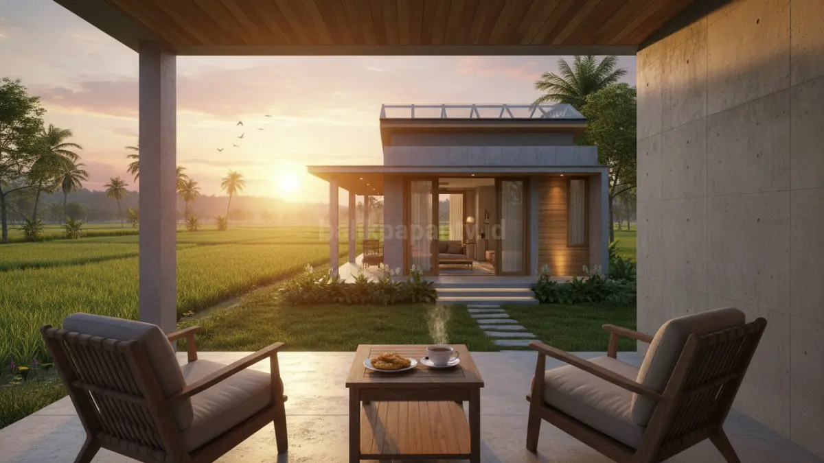Rumah minimalis di pinggir sawah dengan pencahayaan alami pagi hari
