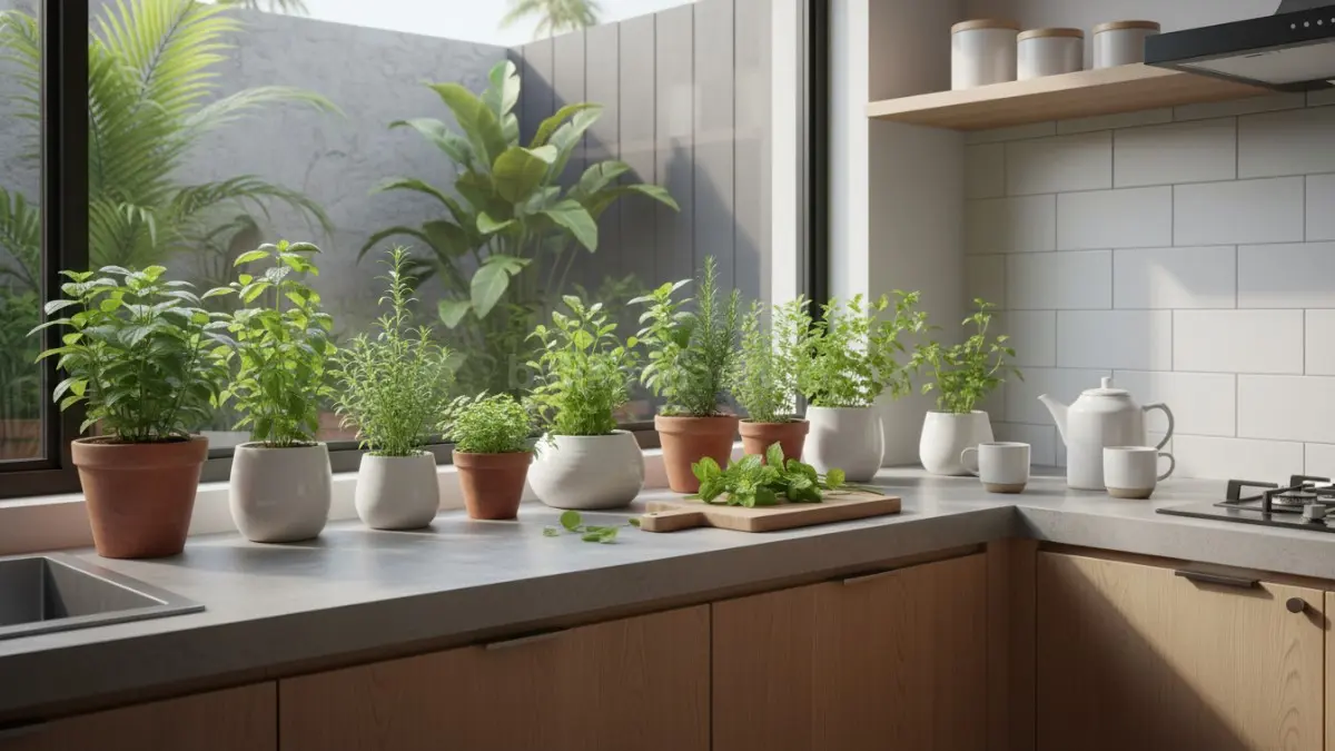 Ambang jendela dapur jadi spot herbal indoor yang praktis untuk dipetik langsung.
