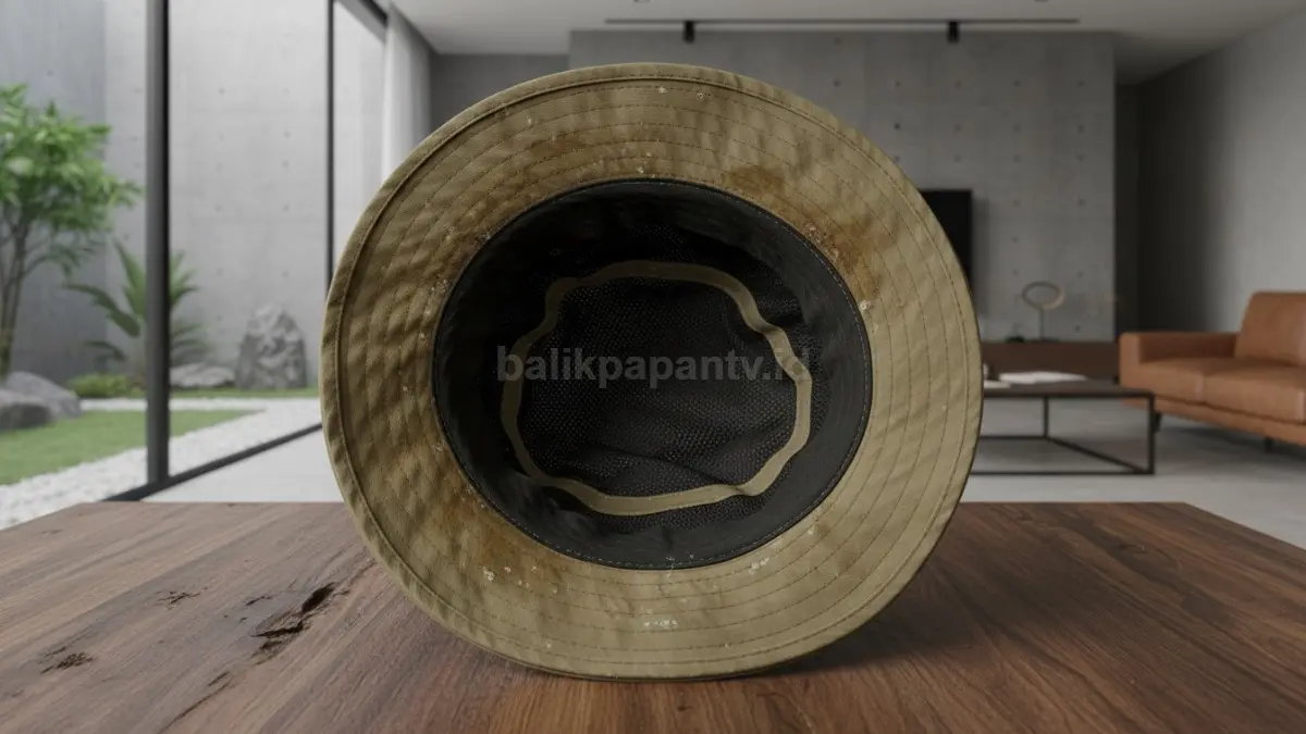Bagian dalam topi penuh keringat dan noda

