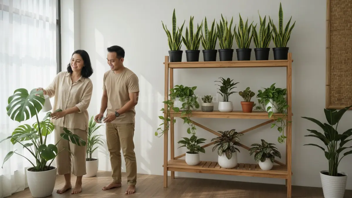 Beragam tanaman indoor seperti sansevieria dan pothos di rak rumah