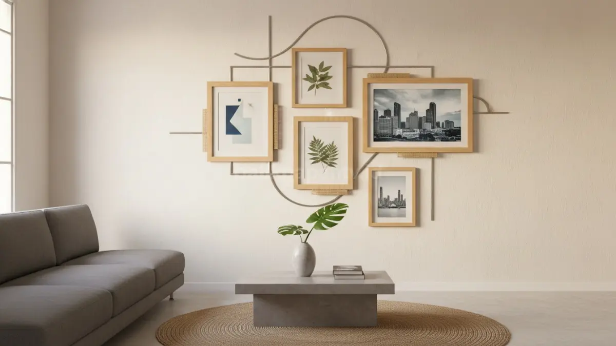 Bingkai foto kayu dengan desain kreatif menghiasi dinding ruang tamu modern