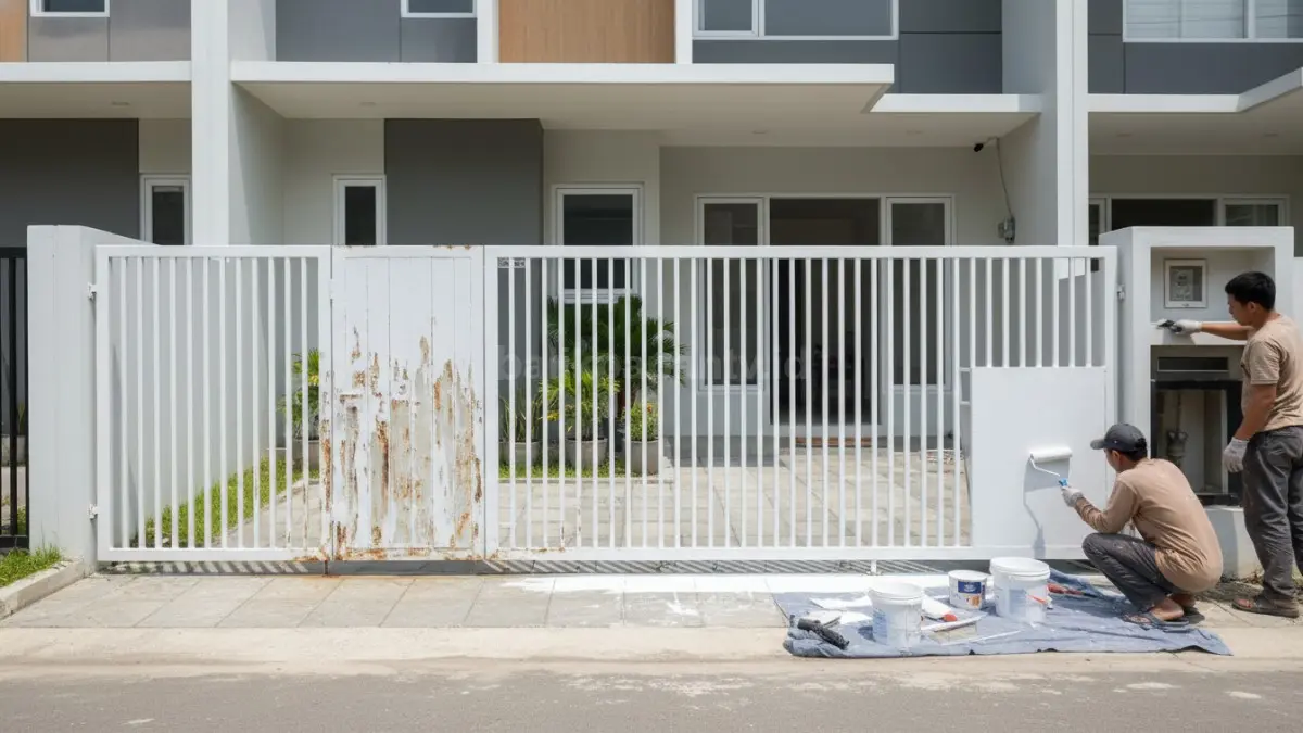 Cat pagar rumah mengelupas dan proses perbaikan ulang terlihat jelas, solusi praktis bikin tampilan kembali rapi

