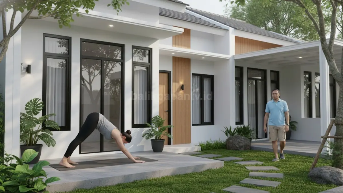 Contoh gerakan olahraga ringan seperti yoga dan jalan kaki di lingkungan rumah
