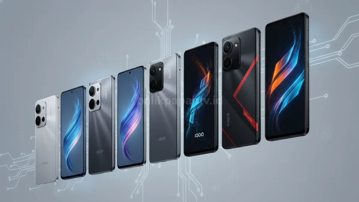 Deretan smartphone kelas menengah dari Infinix dan IQOO dengan desain modern yang menggambarkan persaingan pasar.