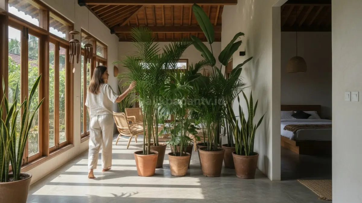 Deretan tanaman tinggi di lorong rumah sebagai pembatas visual alami