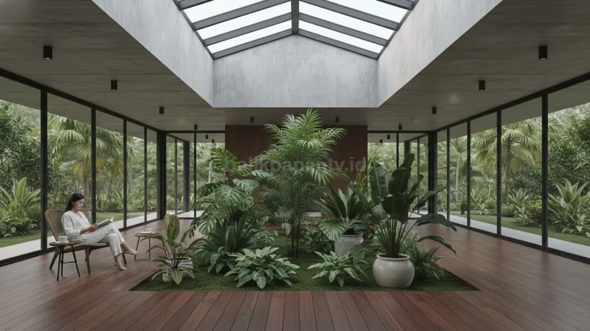 Desain rumah modern dengan tanaman hijau di tengah ruangan tanpa dinding, tampak segar dan terbuka