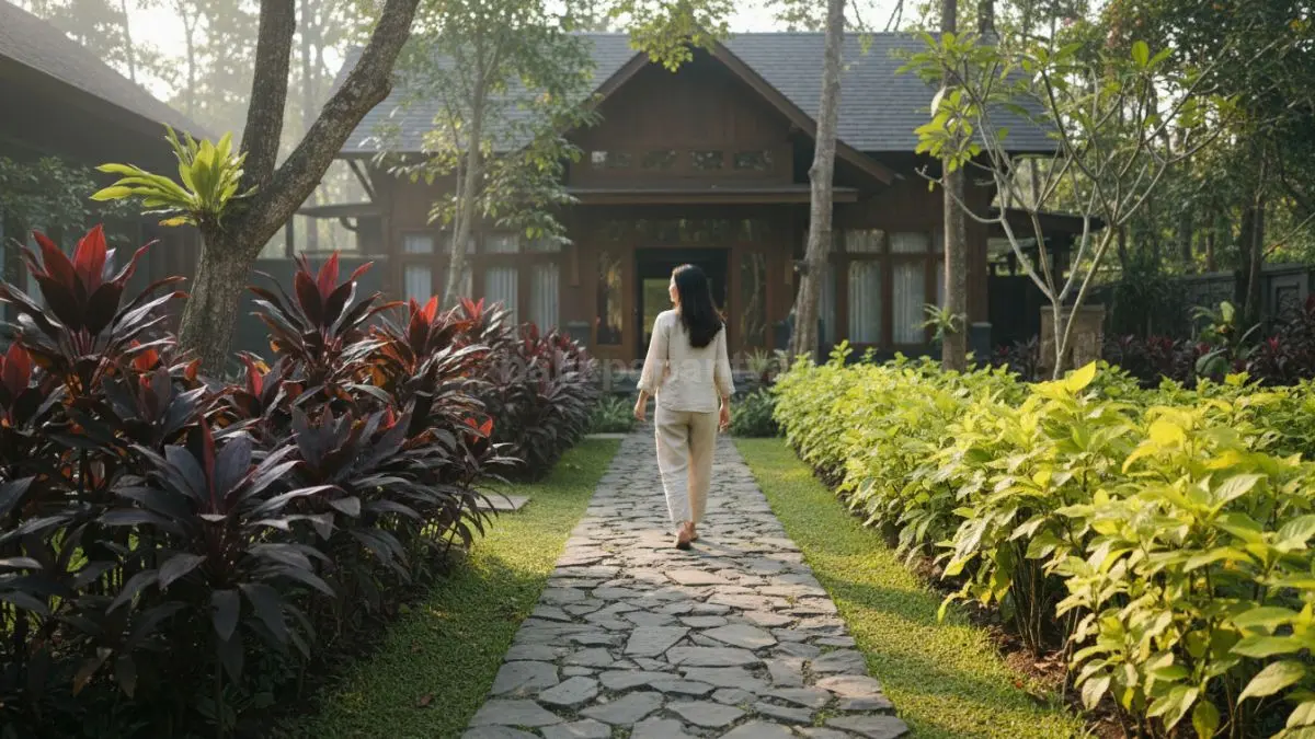 Gunakan tanaman dengan warna daun kontras untuk menandai jalur utama
