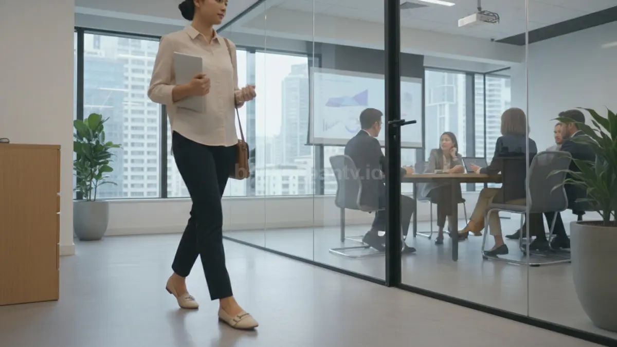 Ilustrasi pekerja kantor menggunakan flatshoes saat aktivitas meeting dan berjalan.