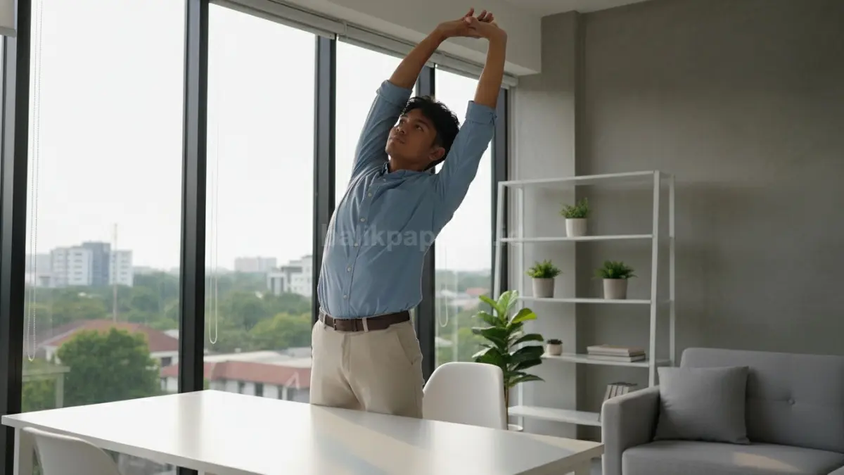 Ilustrasi pekerja kantoran melakukan stretching ringan di sela aktivitas kerja