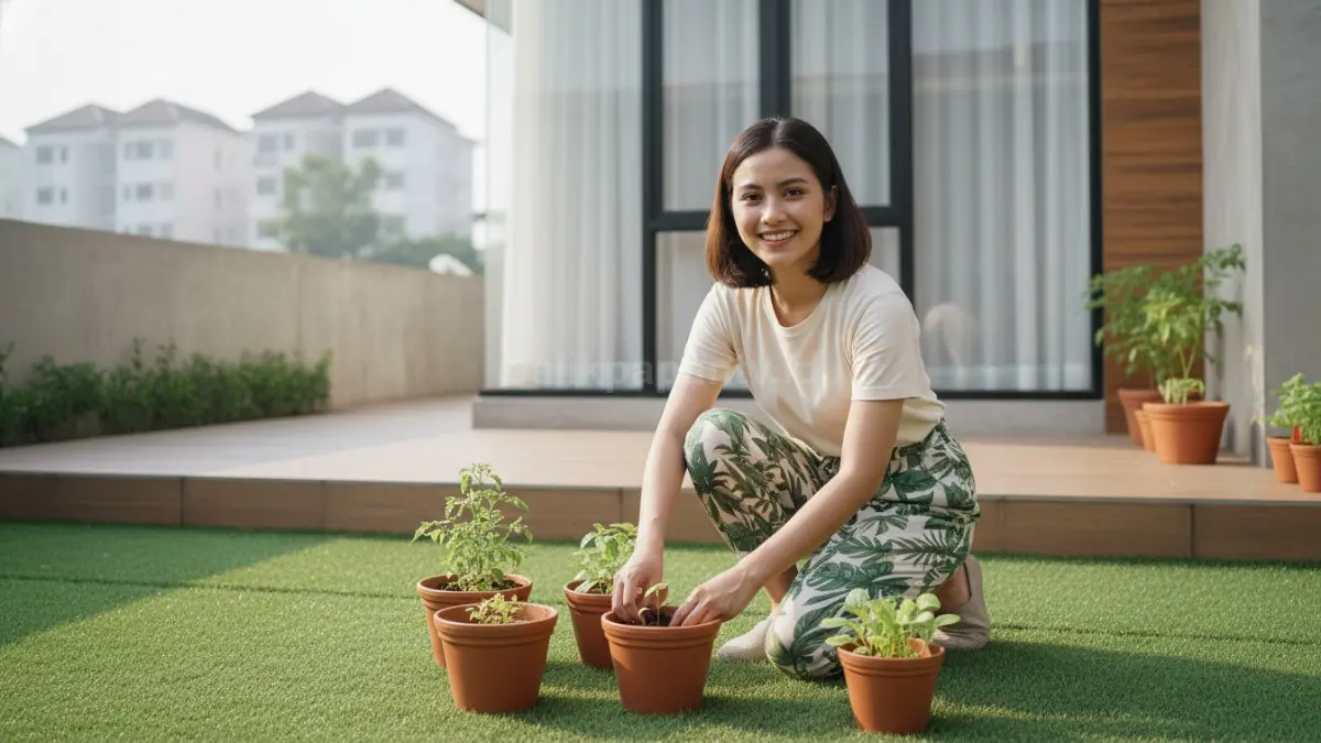  Ilustrasi pemula berkebun dengan pot tanaman sederhana di halaman rumah