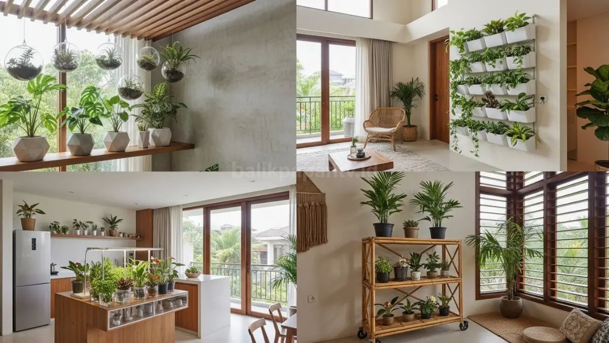 Interior rumah modern dengan berbagai tanaman indoor tertata estetik dan rapi
